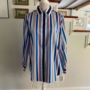 LORO PIANA Blouse Gentian Blue Stripes Red White Blue Sz 16 NWT $950
